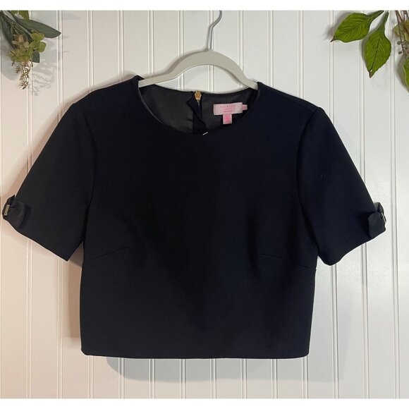 Ted Baker London Black Short Sleeve Crop Top With Bow Details & Gold Zipper - Picture 6 of 14